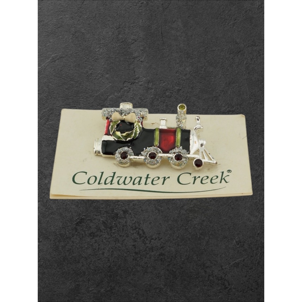 Coldwater Creek Christmas Train Brooch Womens OS Black Red Silver NWOT Enamel